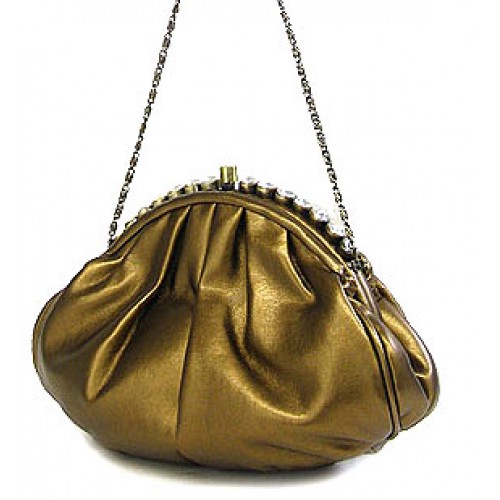 Evening Bag - PU Leather w/ Glass Beads on Top - Bronze